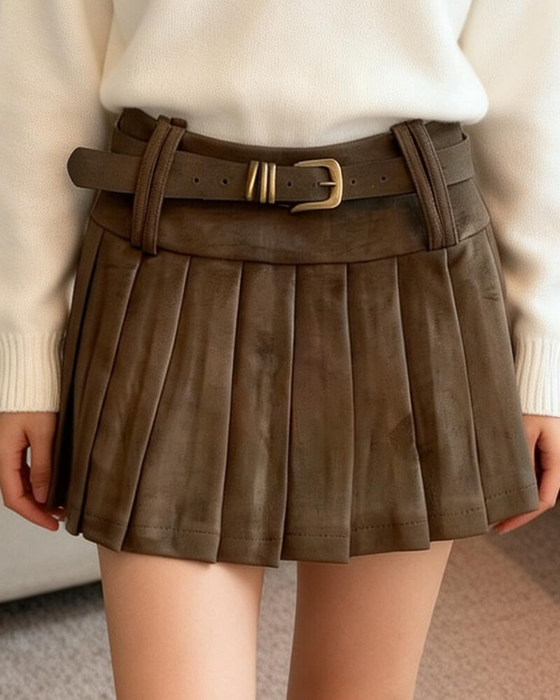 NURO Women's High Waist Pleated Mini Skirt, Textured A-Line Midi Skirt for Fall and Winter