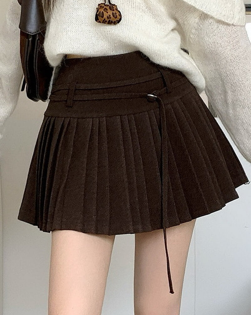 NURO Women's High Waist Pleated Wool Blend Mini Skirt, Textured A-Line Skirt for Fall and Winter