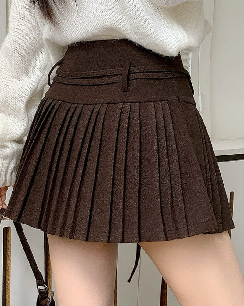 NURO Women's High Waist Pleated Wool Blend Mini Skirt, Textured A-Line Skirt for Fall and Winter
