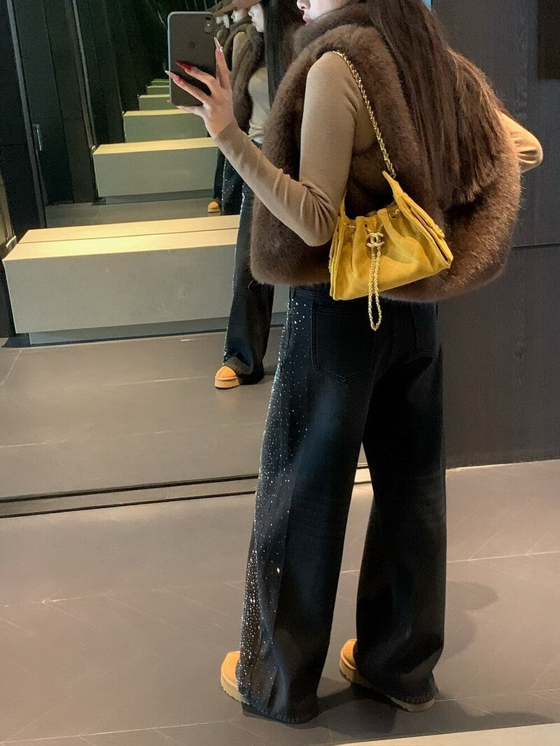 NURO Women's High Waist Rhinestone Embellished Wide Leg Jeans, Fleece Lined Winter Denim Pants