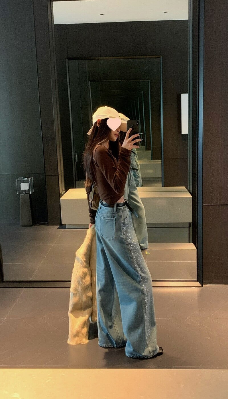 NURO Women's High Waist Rhinestone Embellished Wide Leg Jeans, Fleece Lined Winter Denim Pants