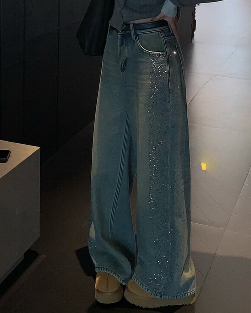 NURO Women's High Waist Rhinestone Embellished Wide Leg Jeans, Fleece Lined Winter Denim Pants