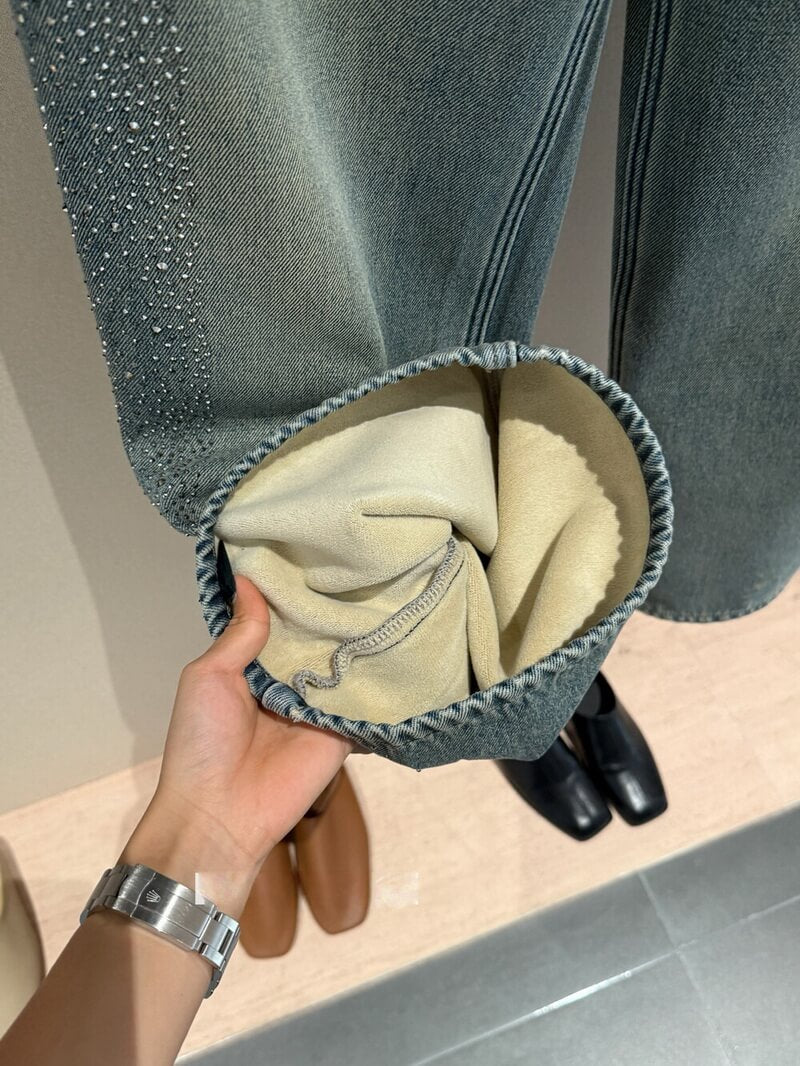 NURO Women's High Waist Rhinestone Embellished Wide Leg Jeans, Fleece Lined Winter Denim Pants