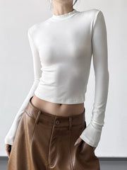 NURO Women's High Waist Ribbed Long Sleeve T-Shirt - Fitted Stretch Basic Top