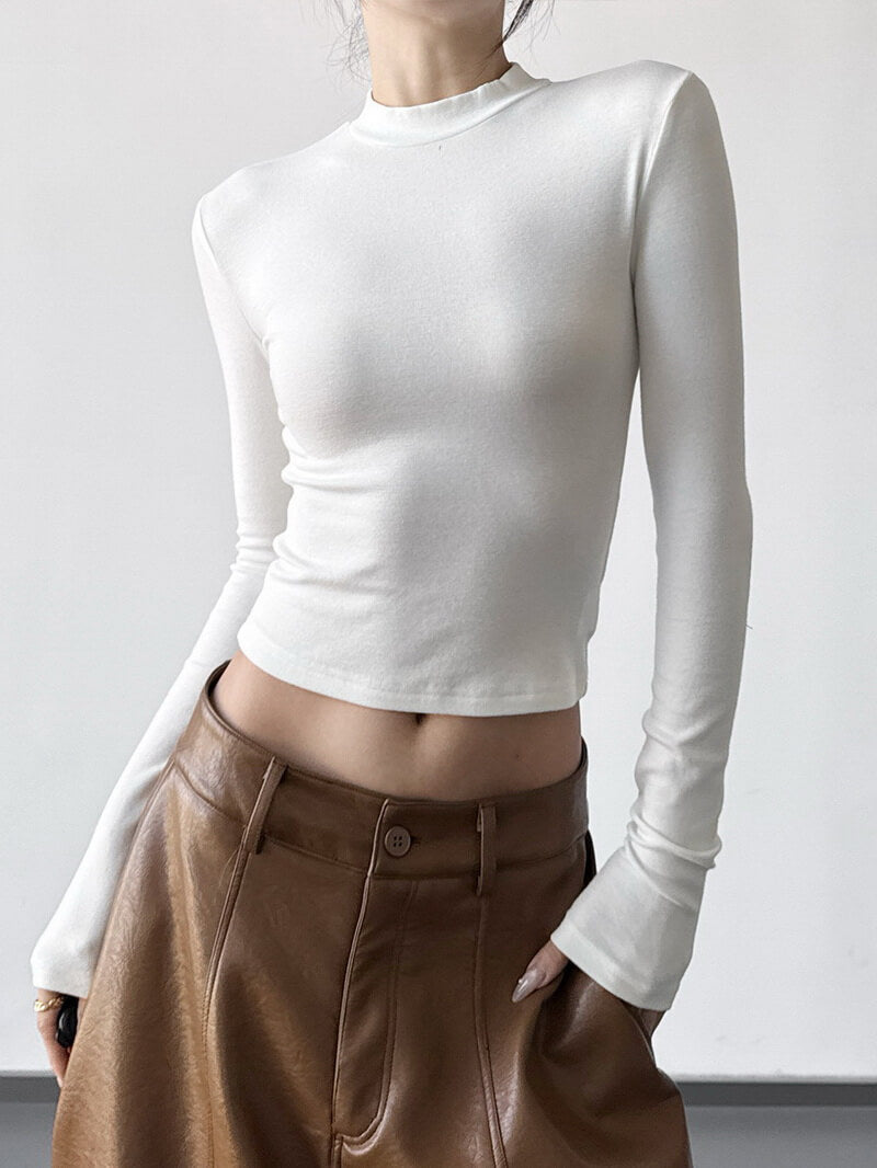 NURO Women's High Waist Ribbed Long Sleeve T-Shirt - Fitted Stretch Basic Top