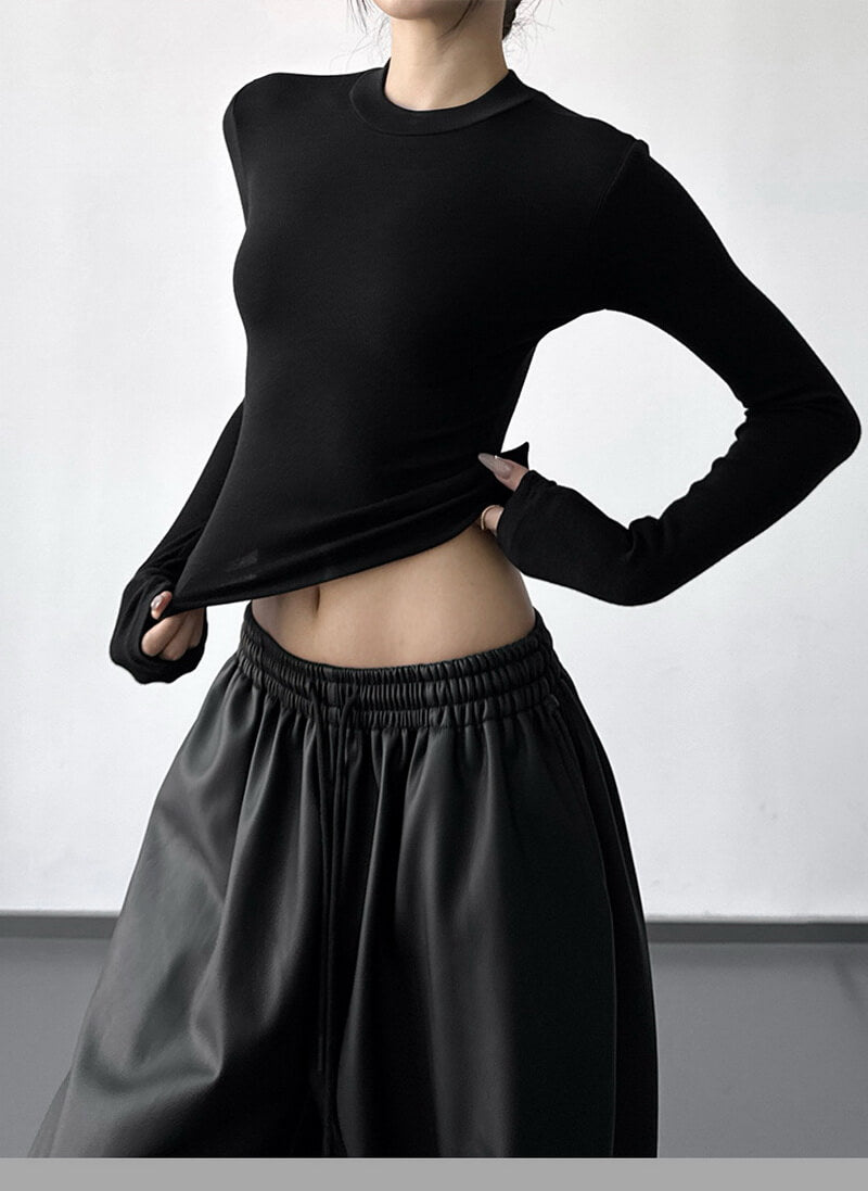 NURO Women's High Waist Ribbed Long Sleeve T-Shirt - Fitted Stretch Basic Top