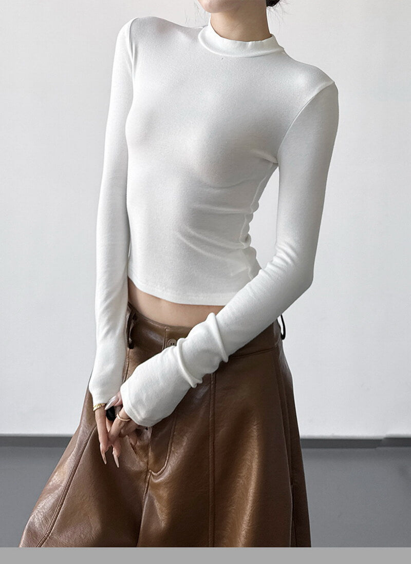 NURO Women's High Waist Ribbed Long Sleeve T-Shirt - Fitted Stretch Basic Top