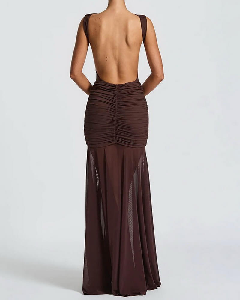 NURO Women's High Waist Ruffle Tie Back Bodycon Maxi Dress