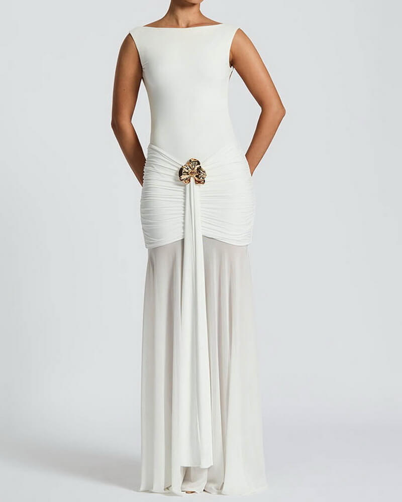 NURO Women's High Waist Ruffle Tie Back Bodycon Maxi Dress