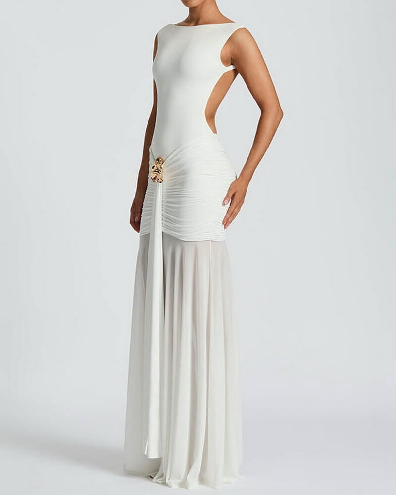 NURO Women's High Waist Ruffle Tie Back Bodycon Maxi Dress