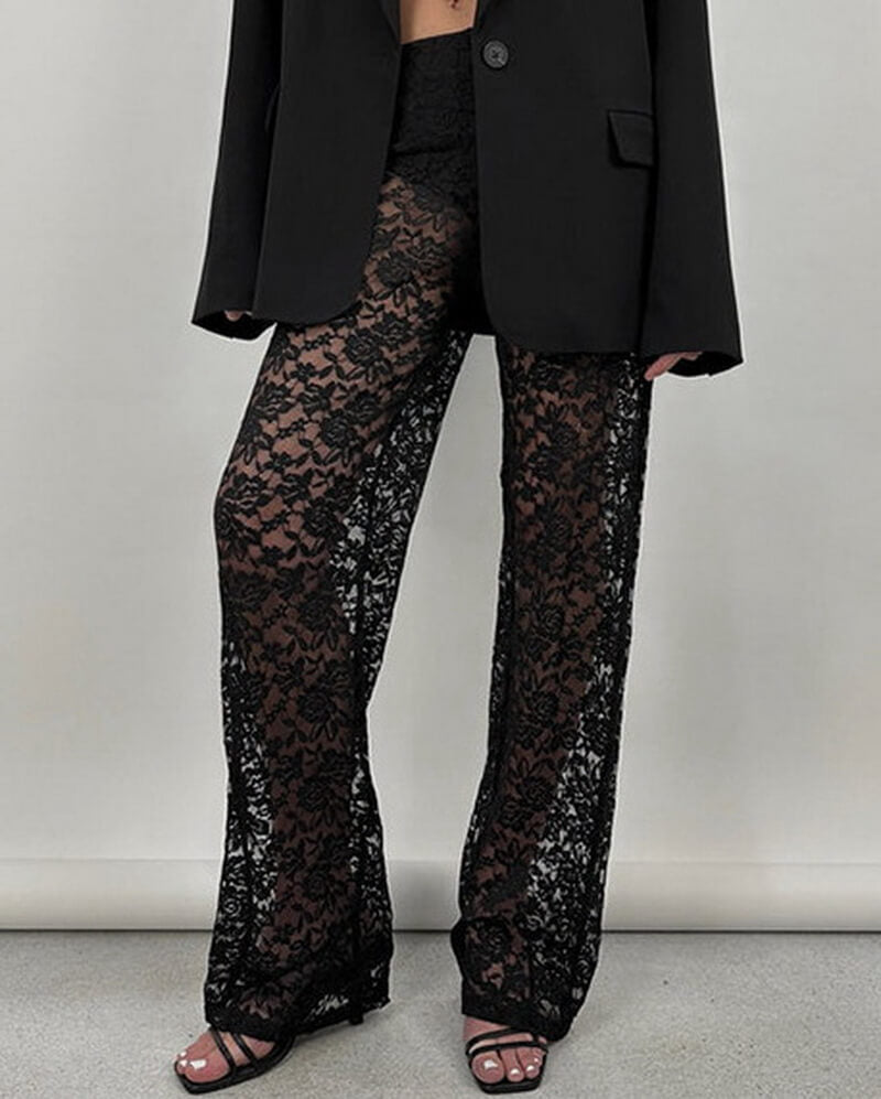 NURO Women's High Waist Sheer Mesh Straight Leg Pants - Sexy See-Through Panel Trousers, Casual Streetwear Pants