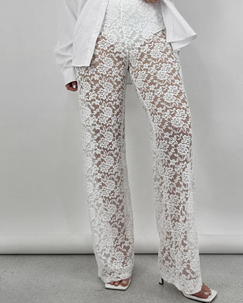 NURO Women's High Waist Sheer Mesh Straight Leg Pants - Sexy See-Through Panel Trousers, Casual Streetwear Pants