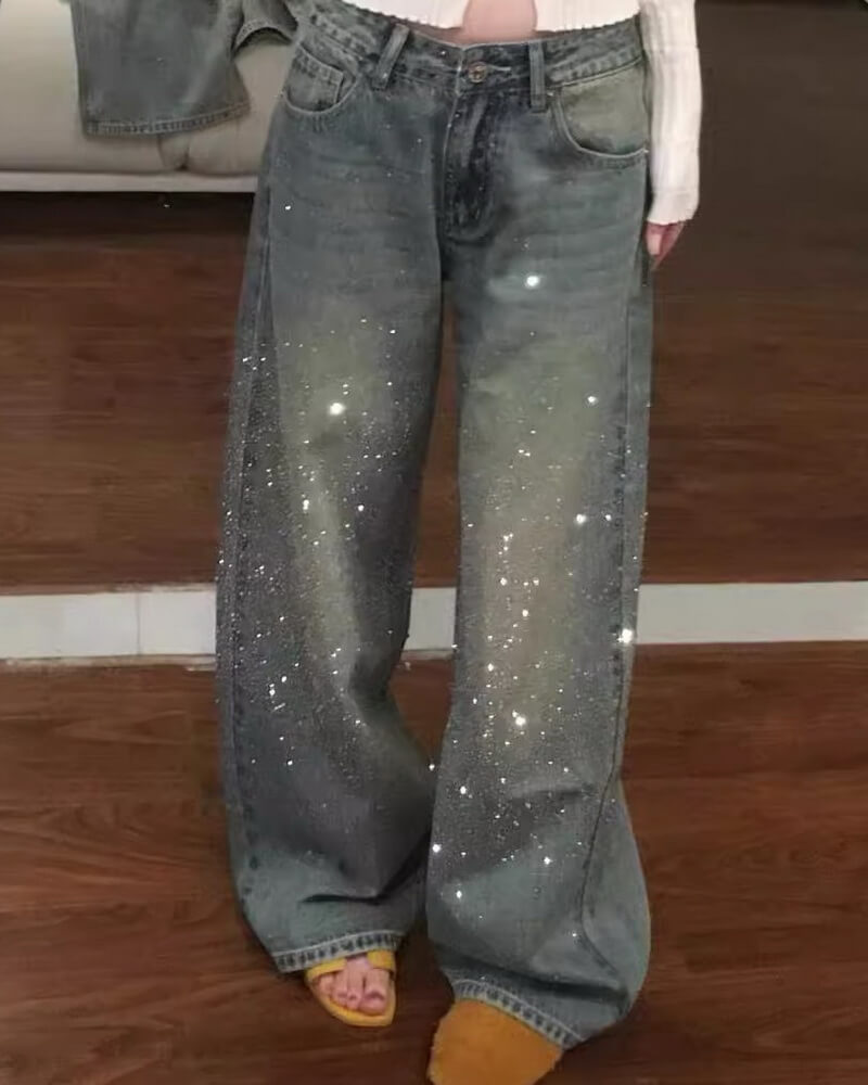 NURO Women's High Waist Sparkle Embellished Wide Leg Jeans, Fleece Lined Winter Denim Pants