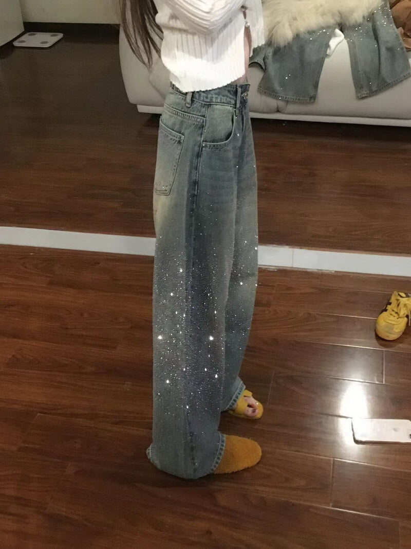 NURO Women's High Waist Sparkle Embellished Wide Leg Jeans, Fleece Lined Winter Denim Pants