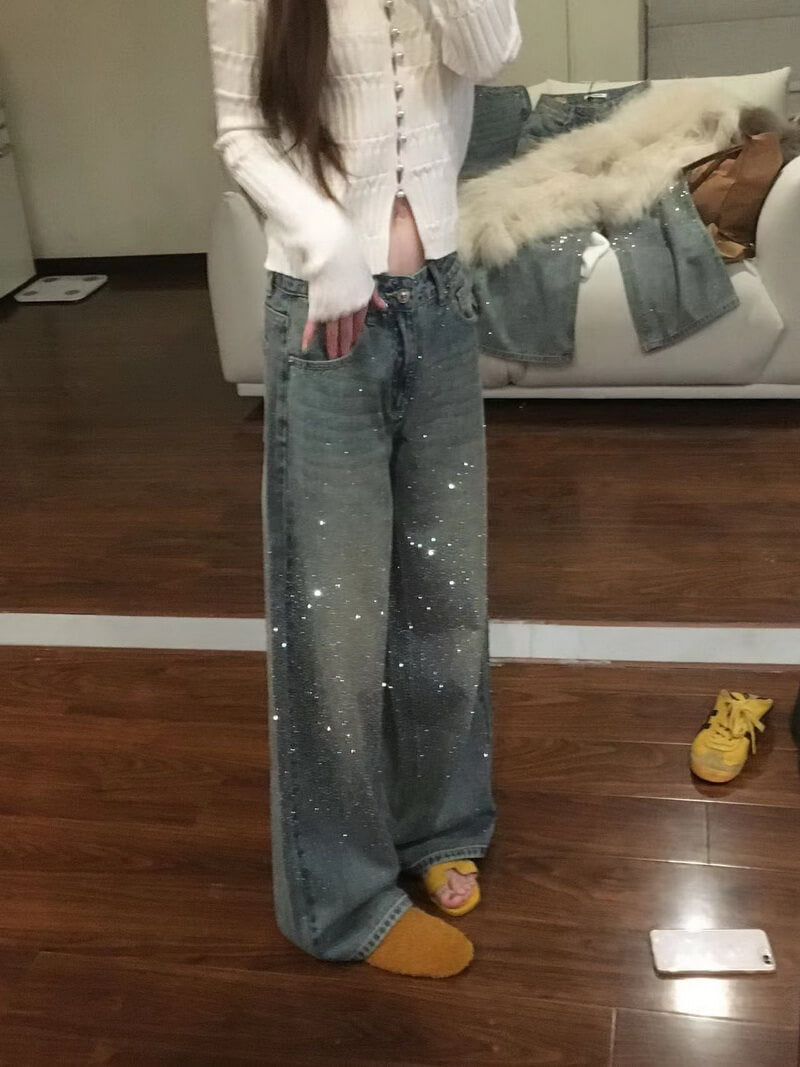 NURO Women's High Waist Sparkle Embellished Wide Leg Jeans, Fleece Lined Winter Denim Pants