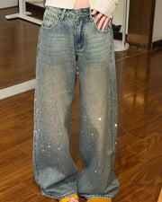 NURO Women's High Waist Sparkle Embellished Wide Leg Jeans, Fleece Lined Winter Denim Pants