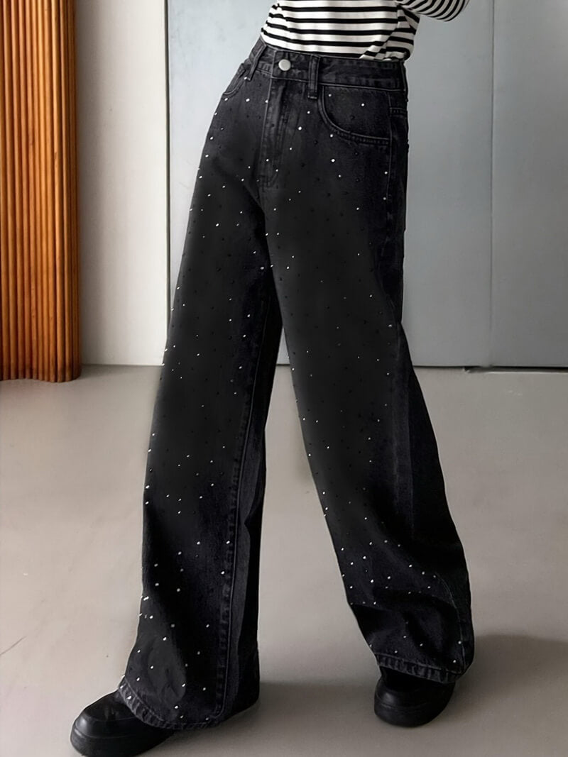 NURO Women's High Waist Straight Leg Jeans with Rhinestone Embellishments