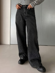 NURO Women's High Waist Straight Leg Jeans with Rhinestone Embellishments