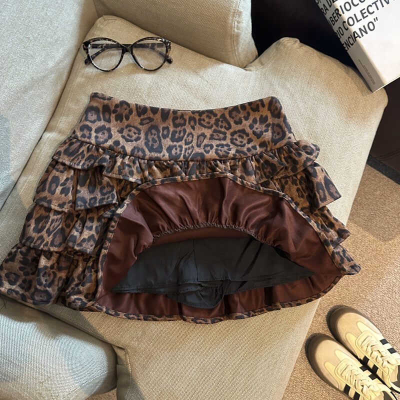 NURO Women's High Waist Tiered Leopard Print Skirt, Stretch Fit Ruffle Hem Mini Skirt