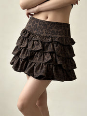 NURO Women's High Waist Tiered Leopard Print Skirt, Stretch Fit Ruffle Hem Mini Skirt
