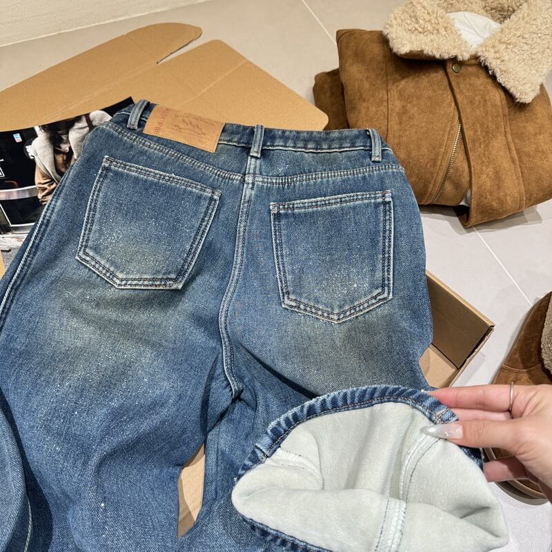 NURO Women's High Waist Vintage Flare Jeans, Fleece Lined Wide Leg Denim Pants with Belt