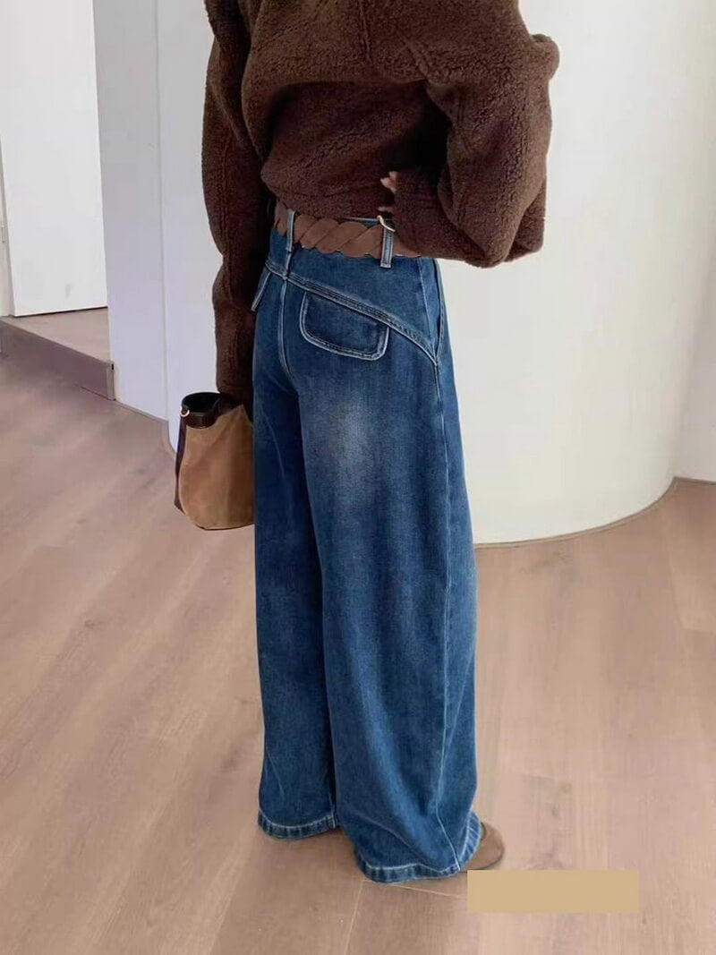 NURO Women's High Waist Wide Leg Fleece Lined Jeans, Winter Floor Length Denim Pants