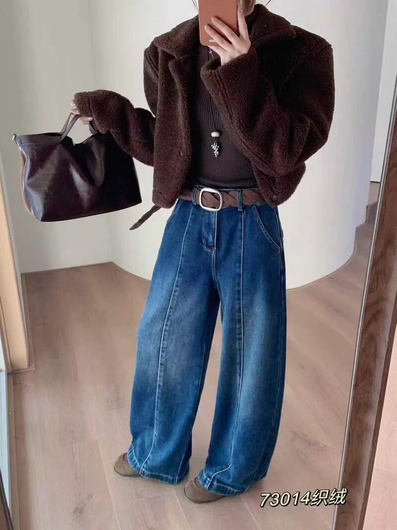 NURO Women's High Waist Wide Leg Fleece Lined Jeans, Winter Floor Length Denim Pants