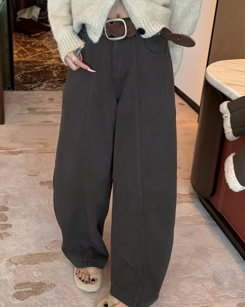 NURO Women's High Waist Wide Leg Fleece Lined Jeans with Flocked Detail, Winter Warm Flare Leg Denim Pants