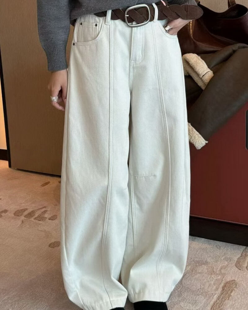 NURO Women's High Waist Wide Leg Fleece Lined Jeans with Flocked Detail, Winter Warm Flare Leg Denim Pants