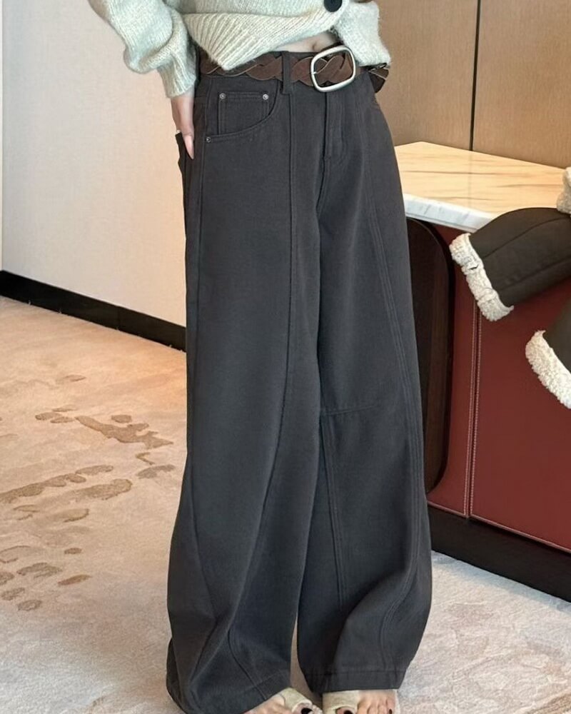 NURO Women's High Waist Wide Leg Fleece Lined Jeans with Flocked Detail, Winter Warm Flare Leg Denim Pants