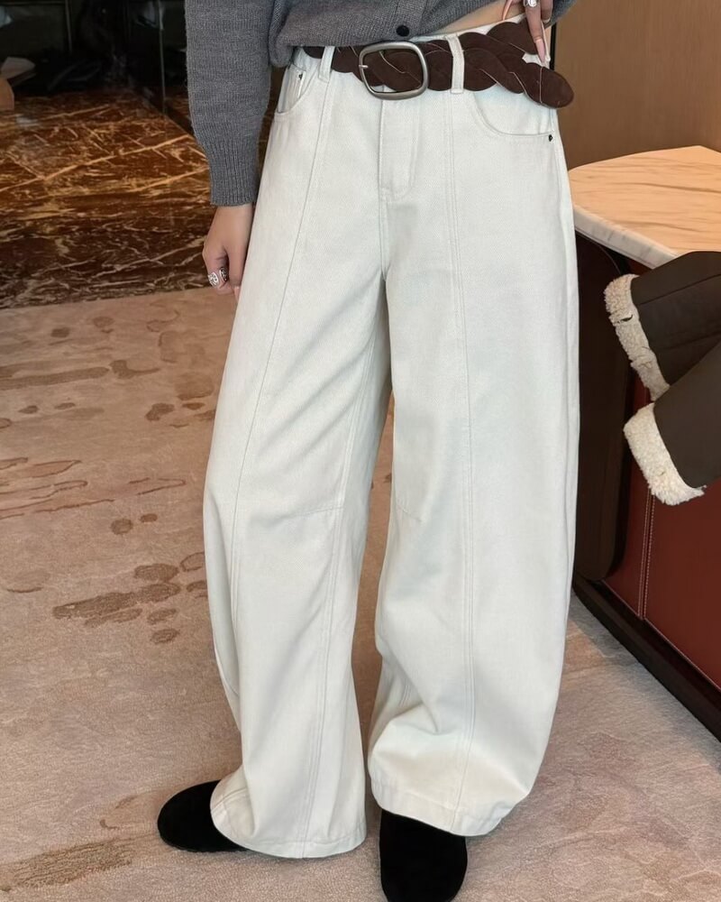 NURO Women's High Waist Wide Leg Fleece Lined Jeans with Flocked Detail, Winter Warm Flare Leg Denim Pants