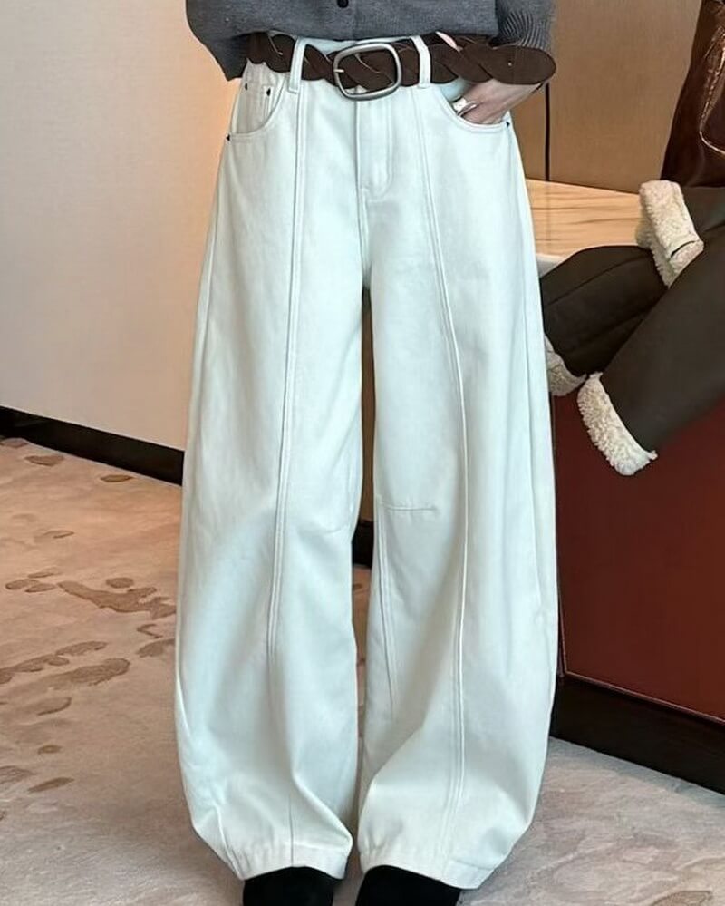 NURO Women's High Waist Wide Leg Fleece Lined Jeans with Flocked Detail, Winter Warm Flare Leg Denim Pants