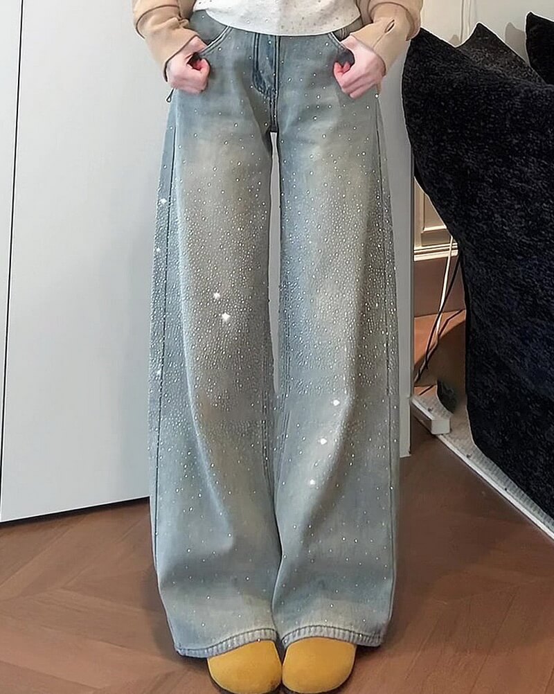 NURO Women's High Waist Wide Leg Jeans with Allover Crystal Embellishments