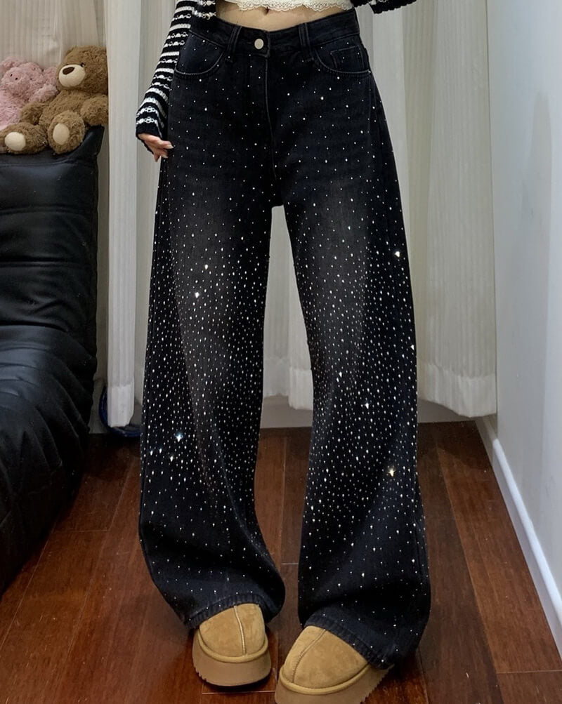 NURO Women's High Waist Wide Leg Jeans with Allover Crystal Embellishments