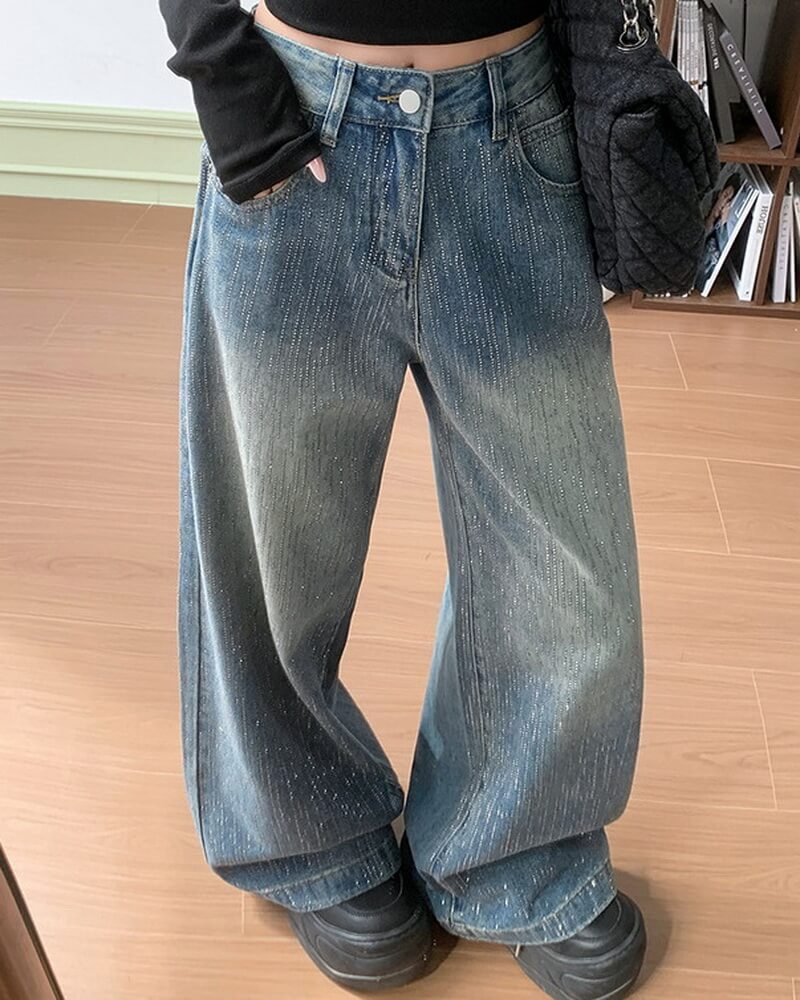 NURO Women's High Waist Wide Leg Jeans with Allover Crystal Embellishments