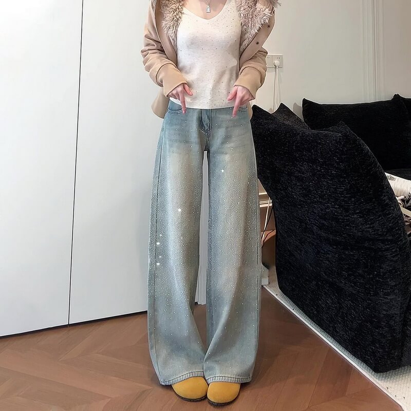 NURO Women's High Waist Wide Leg Jeans with Allover Crystal Embellishments