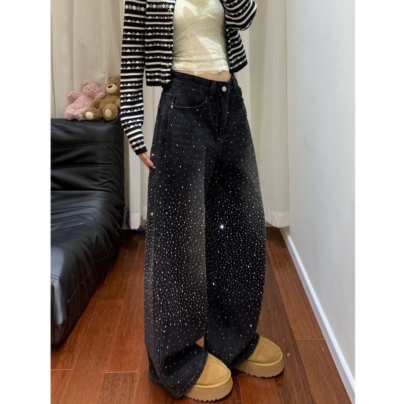NURO Women's High Waist Wide Leg Jeans with Allover Crystal Embellishments