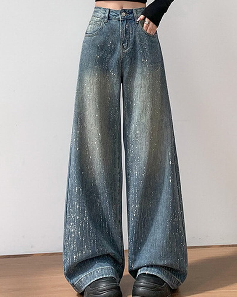 NURO Women's High Waist Wide Leg Jeans with Allover Crystal Embellishments