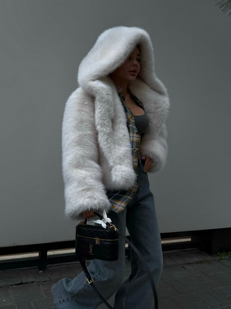 NURO Women's Hooded Faux Fur Jacket, Short Plush Coat, Urban Elegant Outerwear for Fall and Winter