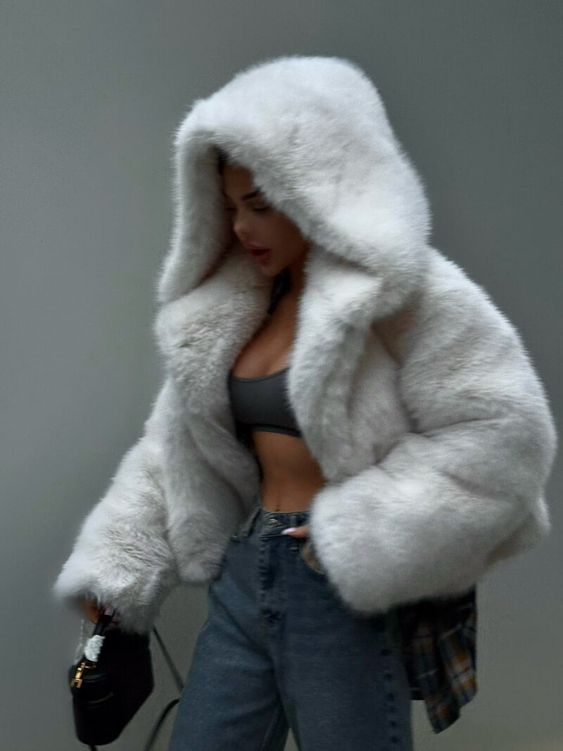 NURO Women's Hooded Faux Fur Jacket, Short Plush Coat, Urban Elegant Outerwear for Fall and Winter