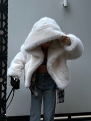 NURO Women's Hooded Faux Fur Jacket, Short Plush Coat, Urban Elegant Outerwear for Fall and Winter