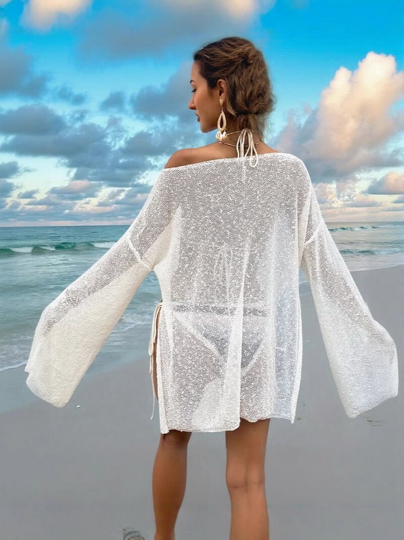NURO Women's Icy Sheer Knit Beach Dress, Long Sleeve Cut-Out Cover-Up Tunic