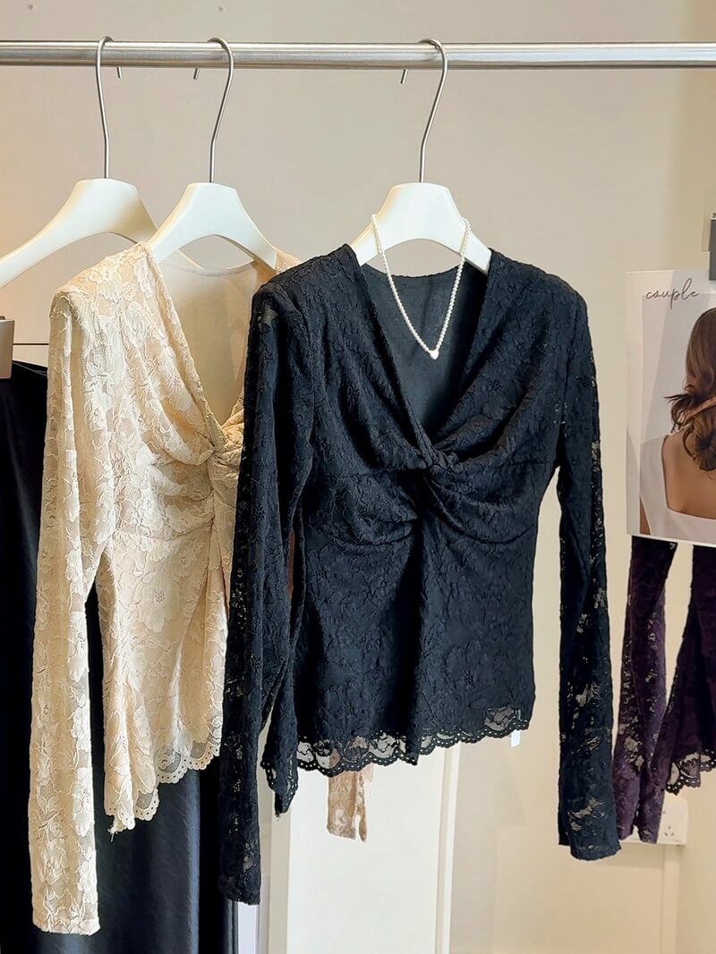 NURO Women's Knit Top with Twist Knot Detail, V-Neck, Irregular Lace Long Sleeve Slim Fit Basic Shirt for Autumn Winter