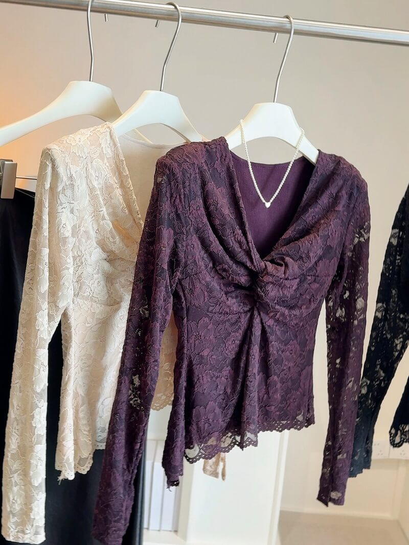 NURO Women's Knit Top with Twist Knot Detail, V-Neck, Irregular Lace Long Sleeve Slim Fit Basic Shirt for Autumn Winter