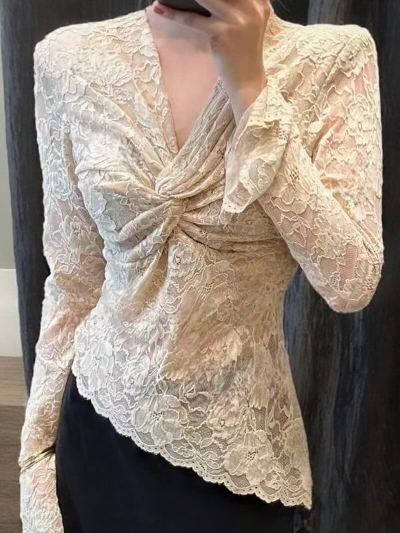 NURO Women's Knit Top with Twist Knot Detail, V-Neck, Irregular Lace Long Sleeve Slim Fit Basic Shirt for Autumn Winter