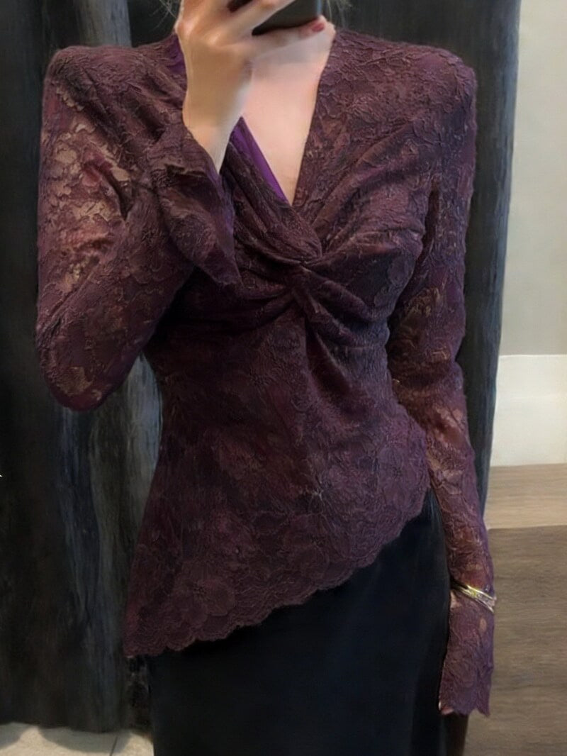 NURO Women's Knit Top with Twist Knot Detail, V-Neck, Irregular Lace Long Sleeve Slim Fit Basic Shirt for Autumn Winter