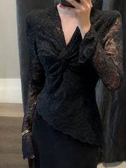 NURO Women's Knit Top with Twist Knot Detail, V-Neck, Irregular Lace Long Sleeve Slim Fit Basic Shirt for Autumn Winter