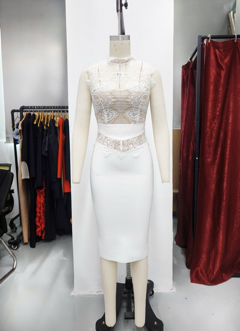 NURO Women's Lace-Up Bandage Bodycon Dress, Sleeveless Geometric Cut-Out Midi Dress