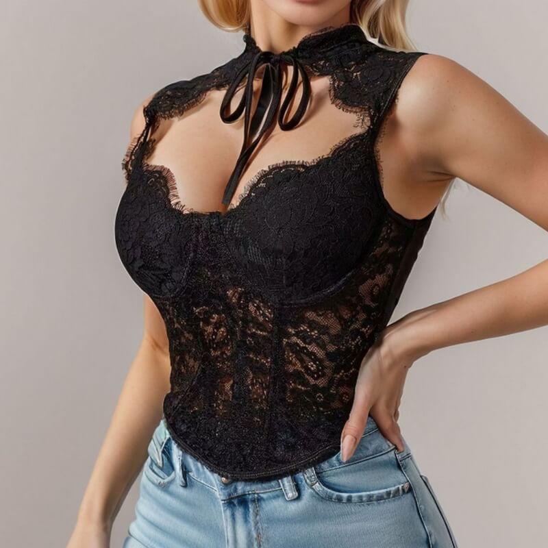 NURO Women's Lace-Up Boned Bustier Top, Elegant Sheer Mesh Cami with Bow Detail, Fashionable Layering Piece