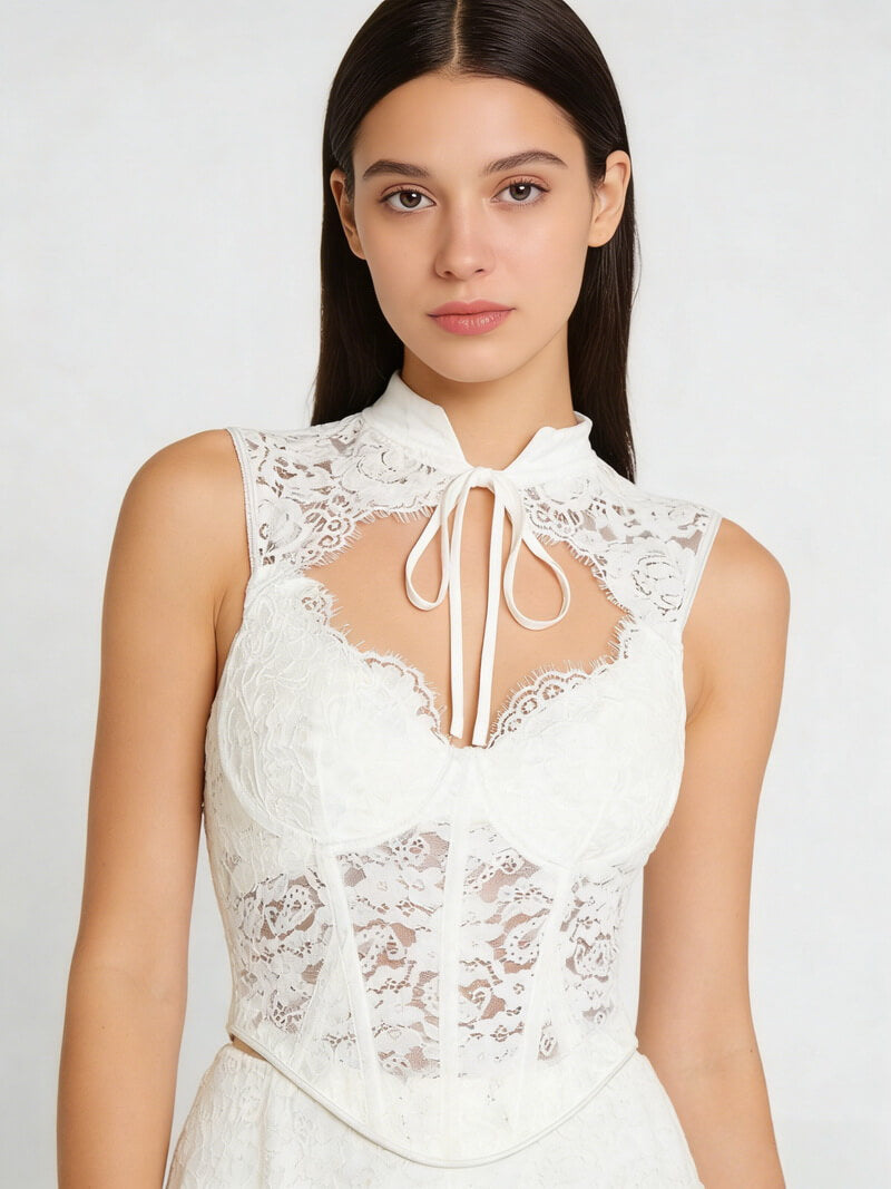 NURO Women's Lace-Up Boned Bustier Top, Elegant Sheer Mesh Cami with Bow Detail, Fashionable Layering Piece